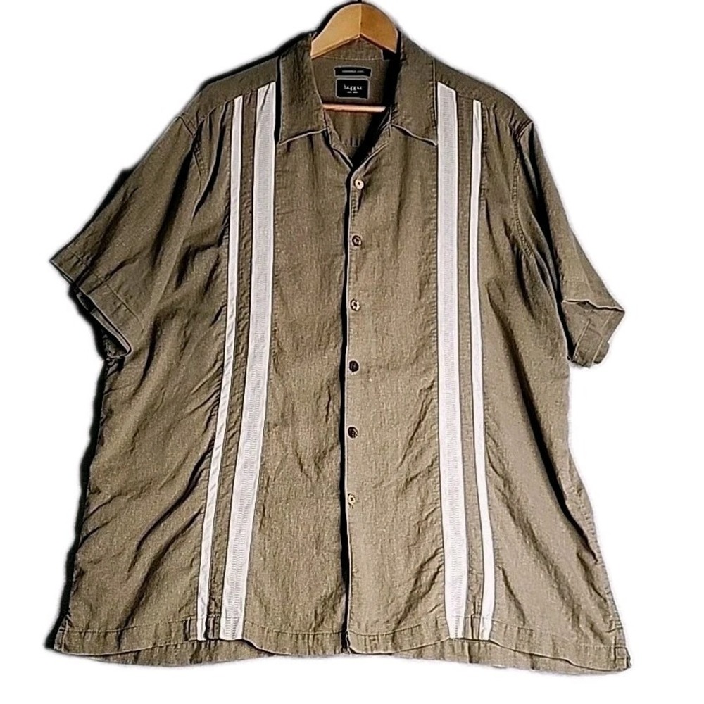 Haggar Shirt Linen Blend Mens XXL Button Up Short Sleeve Olive Green Cream
